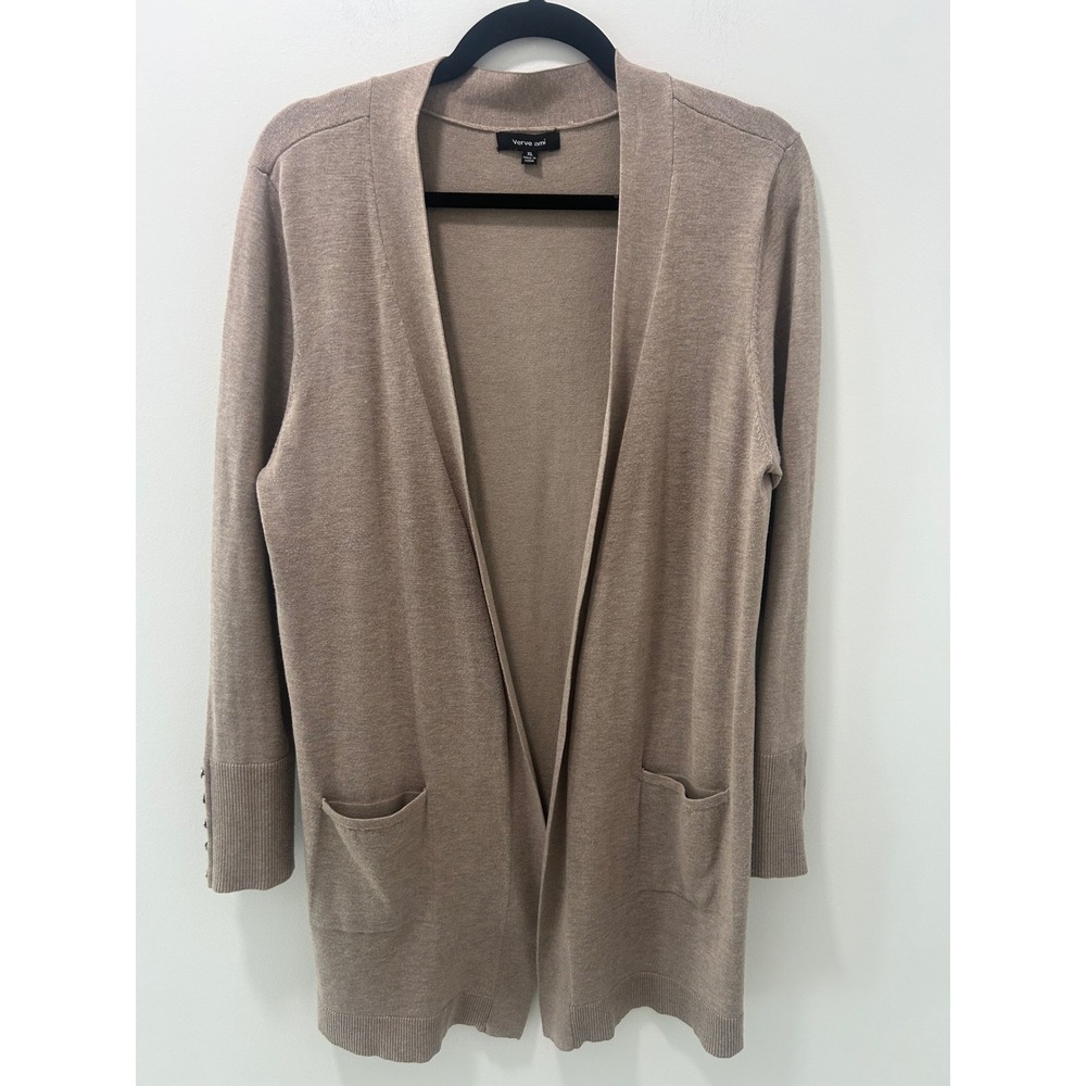 Verve Ami Womens XL Open Front Cardigan Taupe Brown Longline Pocket Button Cuff